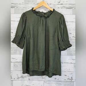 J Crew Smocked Puff Sleeve 100% Linen Top Large Olive Green
